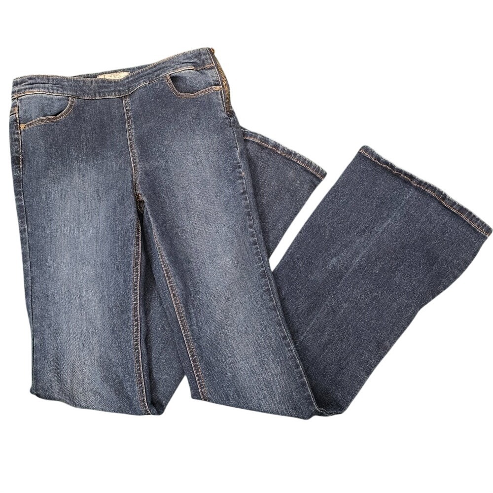Free People Penny Pull On Flare Jeans W28 Dark Wash Blue Side Zip Bell Bottoms